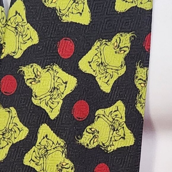 Dr. Seuss Brand Black Poly Green Grinch Crossing Arms and Red Bulbs Holiday Tie - Picture 5 of 16